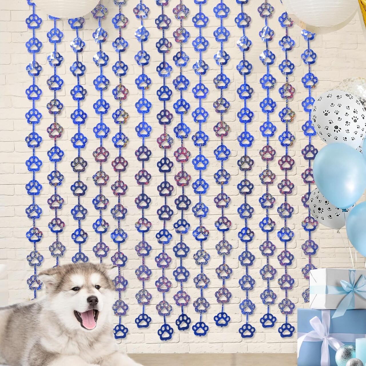 2-Pack Blue Dog Paw Foil Fringe Curtains 3.3x6.6ft Birthday Party Backdrop Decorations
